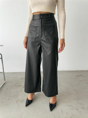 ÖN CEP DETAYLI DERİ PANTOLON - Siyah