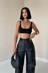 Siyah Yanlardan Cepli Deri Pantolon