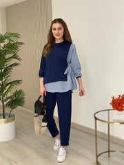 Kadın Gömlek Detay çizgili Yandan Bağlamalı Ikili Takım