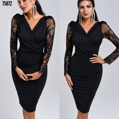 Kadın uzun kollu kruvaze yaka kollar tül detay ithal krep mini boy elbise