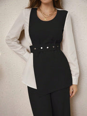 Kadın Uzun Kollu Açık Yakalı çift Renkli Kemerli Ithal Krep Ikili Takım