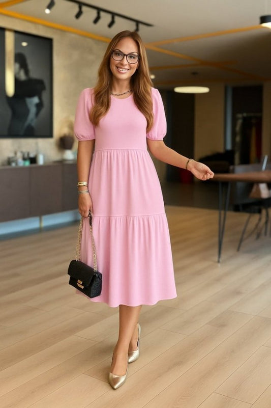 Kadın Kısa Kollu Yakası Açık Katlı Bürümcük Balon Elbise