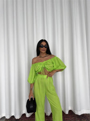 KETEN CROP BLUZ BÜZGÜ YAKA + PANTOLON TAKIM - Mavi