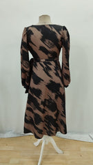 Kadın Uzun Kollu Kruvaze Yakalı Yandan Bağlamalı Desenli Mini Modal Elbise