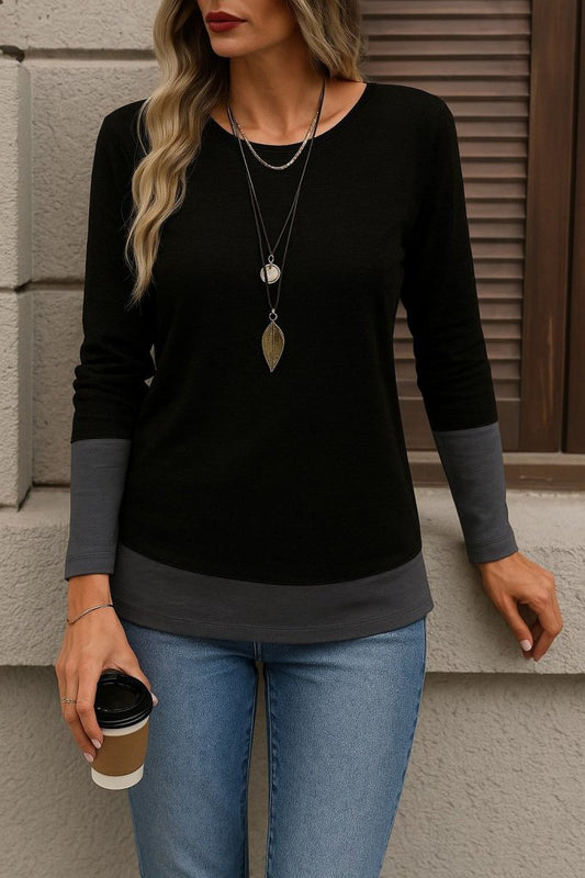 Kadın Uzun Kollu Açık Yuvarlak Yaka Blok Renkli Viskon Bluz