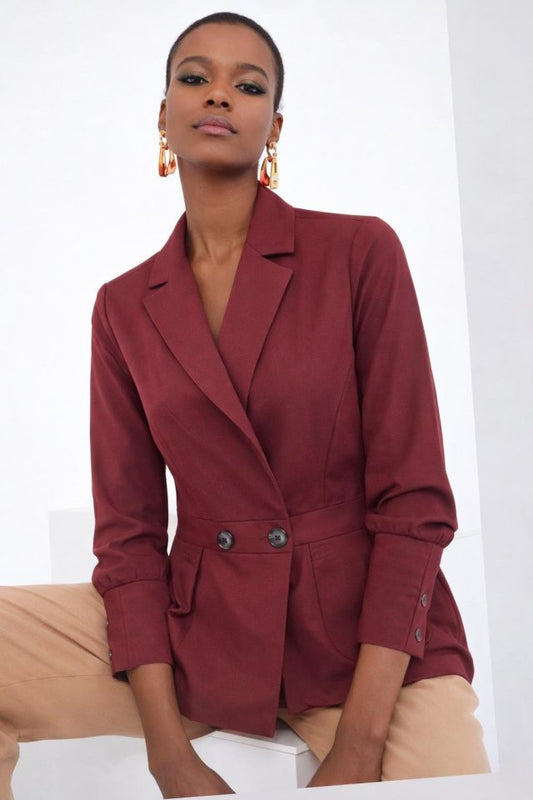 Kadın Düğme Ve Plise Detay Arkası Lastikli Ceket