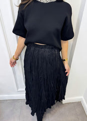 Midi Boy Pileli Saten Siyah Etek