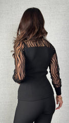 Kadın Uzun Kollu Bisiklet Yaka Kolları Tül Detay Kaşkorse Kumaş Bluz