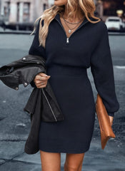 Kadın Uzun Kollu Yakası Fermuarlı Mini Triko Elbise