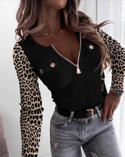 Kadın Uzun Kollu Leopar Desenli Fermuarlı önden Cep Ve Düğme Detaylı Kaşkorse Bluz