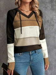 Kadın Uzun Kollu V Yakalı Bağcıklı Kapşonlu Triko Bluz