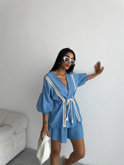 KETEN BEL BÜZGÜLÜ BLUZ-PANTOLON TAKIM - Mavi