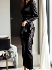 Kadın Uzun Kollu Kruvaze Yakalı Beli Kuşaklı Uzun Saten Elbise