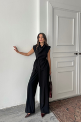 TENCEL MODAL KOLSUZ BLUZ KAPALI CEP DETAYLI DÖKÜMLÜ - PANTOLON TAKIM - Siyah