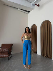 PANTOLON KAPALI CEP 3 DÜĞME DETAYLI - Mavi