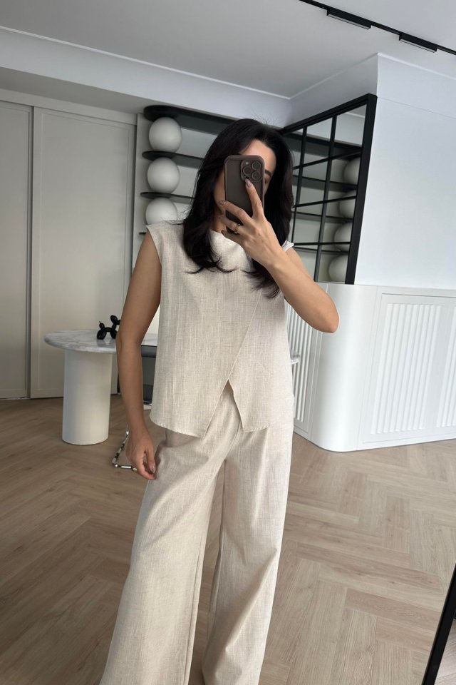 Kadın Keten Kumaş Asimetrik Kesim Bluz Ve Salaş Pantolon Ikili Takım