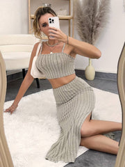 Kadın Kolsuz Askılı Crop Yırtmaçlı Midi Etek Fitilli Kaşkorse Takım