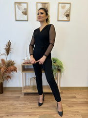Kadın Uzun Kollu Kruvaze Yakalı Kolları Tül Detay Beli Kuşaklı Ithal Krep Tulum