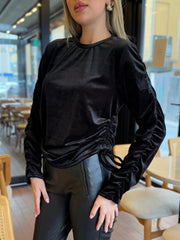 Kadın Uzun Kollu Bisiklet Yaka Yanları Ve Kolları Büzgülü Kadife Bluz