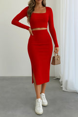 Kadın Uzun Kollu Kaşkorse Crop Ve Etek Takım