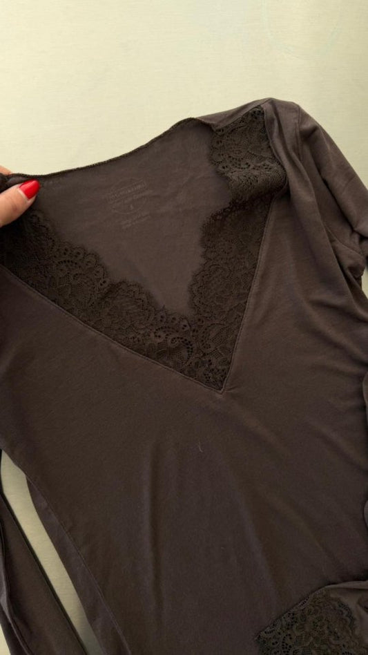 Kadın Uzun Kollu V Yaka Dantel Güpür Detay Bluz