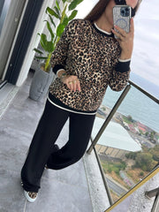 Kadın Uzun Kollu Bisiklet Yaka Leopar Desenli Iki Iplik Bluz Ve Viskon Iki Iplik Pantolon Ikili Takım