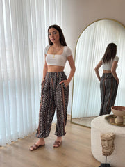 Kadın Yüksek Bel Etnik Desenli Geniş Dökümlü Bürümcük Pantolon