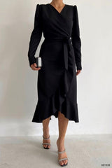 Krep Kumaş Midi Boy Kuşaklı Uzunkol Elbise 113 Cm