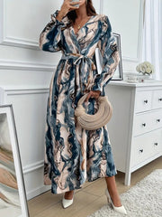 Kadın Uzun Kollu Kruvaze Yakalı Beli Kuşaklı Desenli Süprem Maxi Elbise