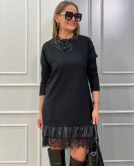 Kadın Uzun Kollu Bisiklet Yaka Etek Ucu Deri Dantelli Viskon Iki Iplik Midi Elbise