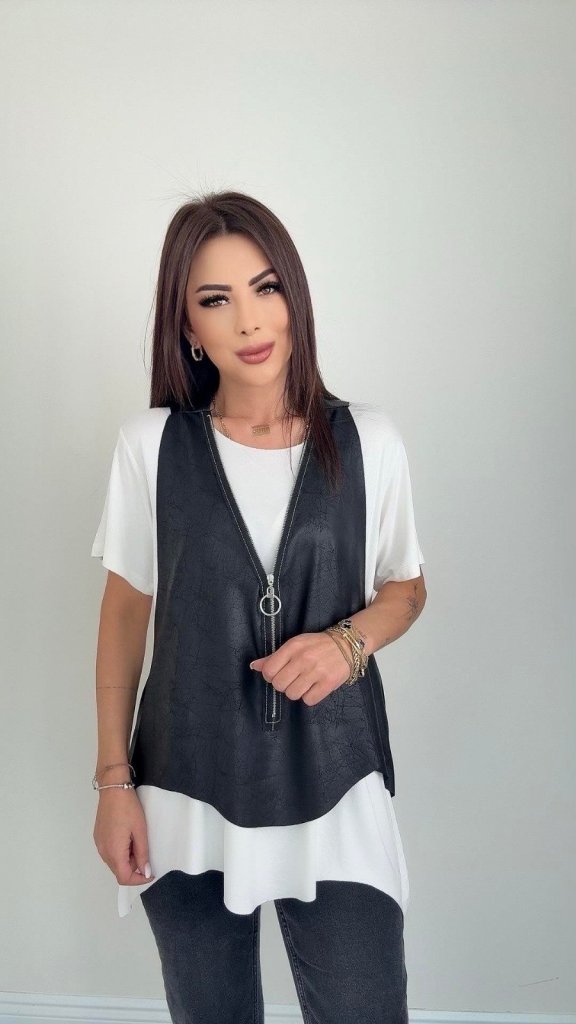 Kadın Kısa Kollu Yuvarlak Yaka Viskon Bluz + Kolsuz Fermuarlı çatlak Deri Yelek