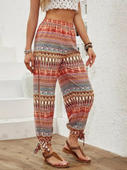 Kadın Yüksek Belli Yanlardan Yırtmaç Detaylı Desenli Bürümcük Pantolon