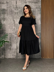 Kadın Kısa Kollu Yakası Açık Katlı Bürümcük Balon Elbise