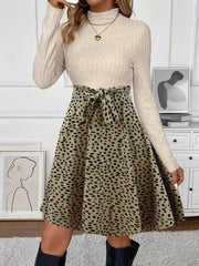 Kadın Uzun Kollu Balıkçı Yaka Belden Bağlamalı üst Kaşkorse Eteği Dalgıç Kısa Elbise