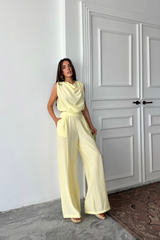 DEGAJE YAKA KOLSUZ BLUZ - PANTOLON TAKIM - Bej