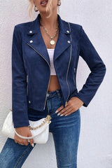 Kadın Uzun Kollu Yakalı önden Fermuarlı Kısa Süet Ceket