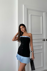 STRAPLEZ POLVİSKON ELBİSE MAVİ FIRFIR DETAYLI - Gri