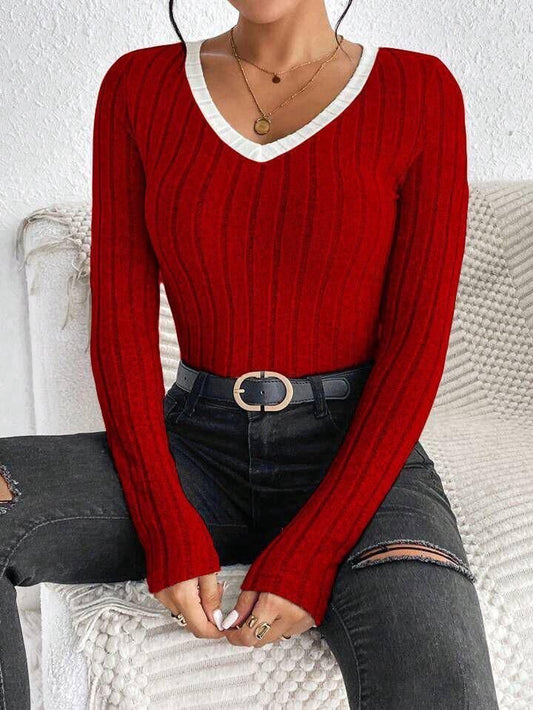 Kadın V Yaka Ribana Ve Garni Detay Sardonlu Kaşkorse Kumaş Bluz