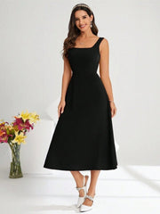 Kadın Askılı Kare Yakalı Midi Ithal Krep Elbise