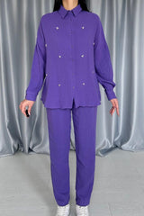 Mor 3 Taş Motifli Gömlek Ve Pantolon Takım