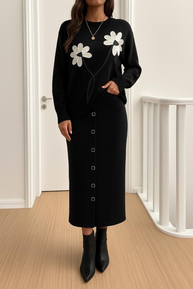 Kadın Bluz çiçek Desenli Detay Etek Düğme Detayıkılı Takım