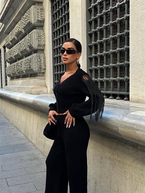 Püskül Detaylı Hırka Pantolon Triko Takım 9967