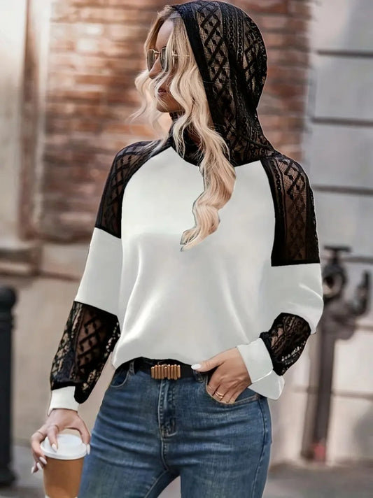 Kadın Uzun Kollu Dantelli Kapşonlu Viskon Iki Iplik Bluz