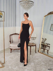 Kadın Omuz Askılı Derin Yırtmaç Detay Maxi Boy Elbise