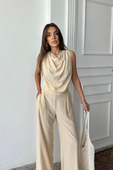 DEGAJE YAKA KOLSUZ BLUZ - PANTOLON TAKIM - Gri