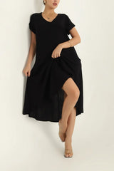 Kadın Kısa Kollu V Yaka Salaş Maxi Boy Elbise