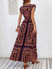 Kadın Kısa Kollu V Yakalı Deseni Yırtmaçlı Süprem Elbise