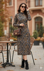 Kadın Uzun Kollu Balıkçı Yaka Leopar Desenli Midi Boy Elbise
