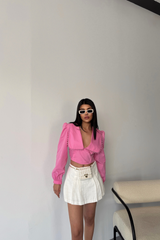 CROP POPLİN GÖMLEK YAKA KENAR DANTEL DETAYLI - Beyaz