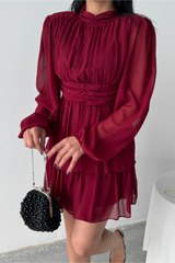 ŞİFON KATLI UZUN KOL ELBİSE - Pudra